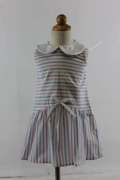 Drop  Waist Dress with Ties - pink blue stripe