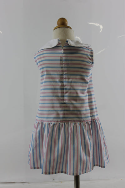 Drop  Waist Dress with Ties - pink blue stripe